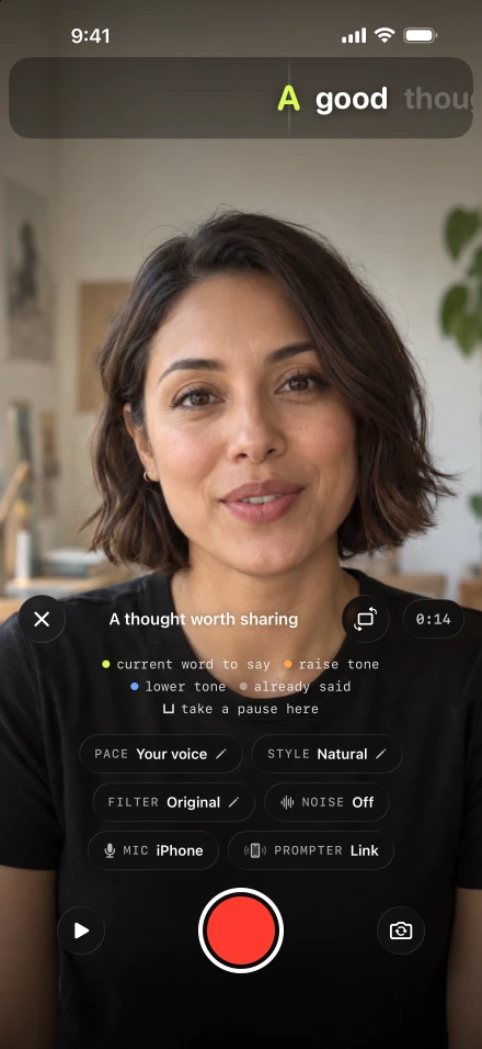 Lightshot recorder: the script line “A good thought” under the front camera, the next word lit, with pace, style and record controls