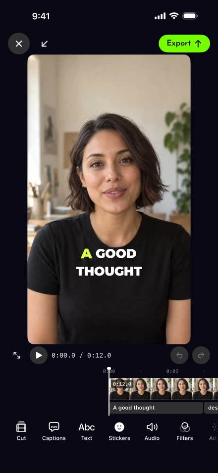 Lightshot video editor: a captioned portrait video above a frame timeline, with Cut, Captions, Text, Stickers, Audio and Filters tools