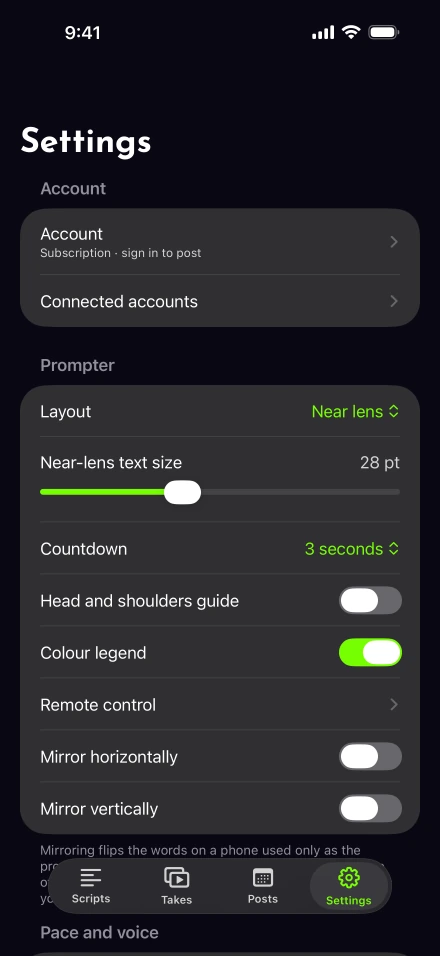 Lightshot Settings: prompter layout, text size, countdown and Colour legend settings, then starting pace, starting style and Follow my voice